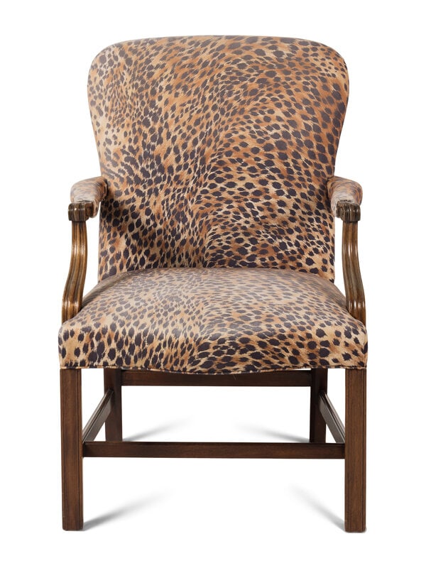 A George III Style Mahogany Library Chair: A George III Style Mahogany Library Chair Southwood, 20th Century labeled for maker to underside. Height 38 1/2 x width 26 1/4 x depth 2 1/4 inches. Property from Ca