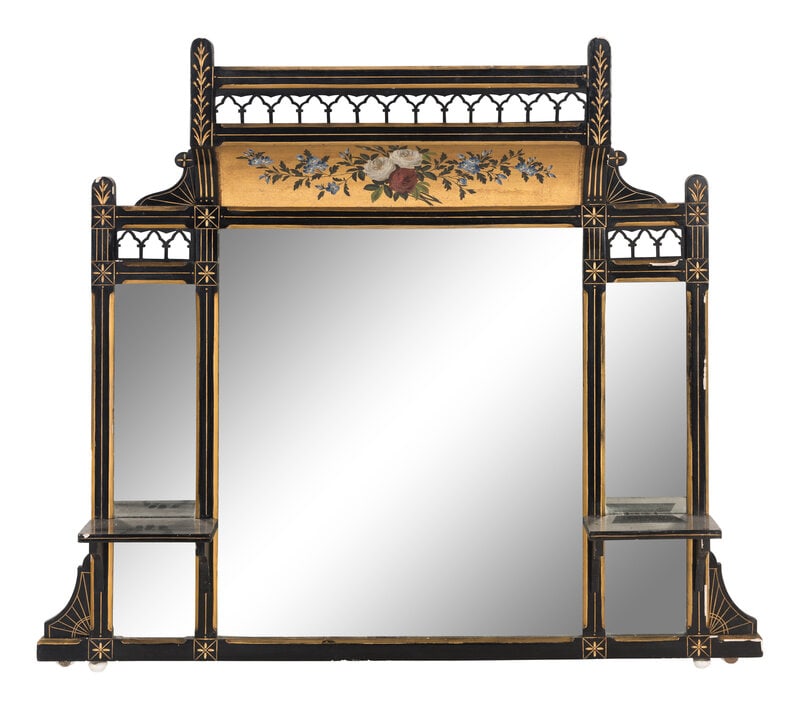 A Victorian Ebonized, Polychrome Painted and Parcel Gilt Overmantel Mirror (1 of 17)