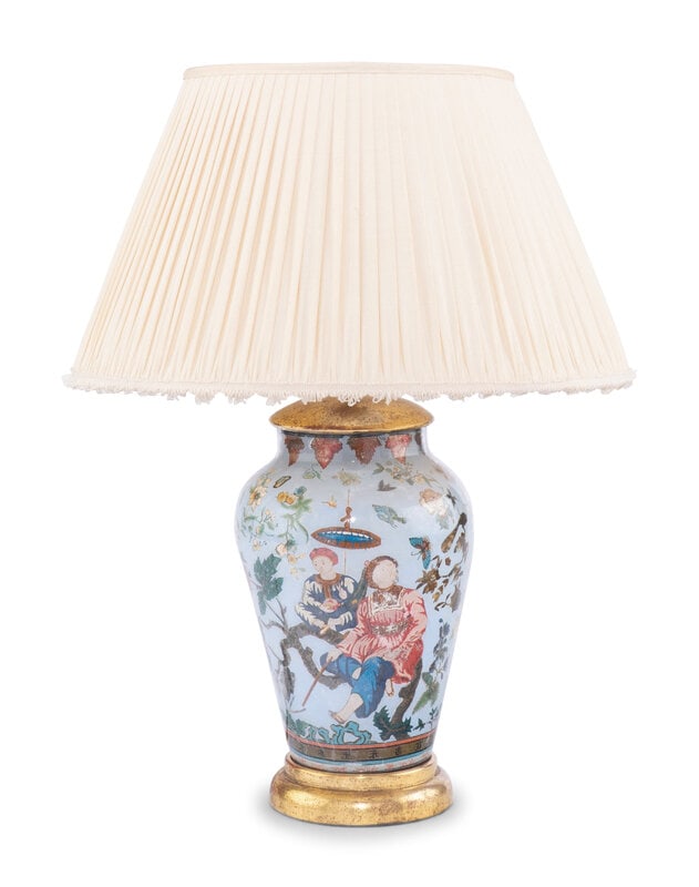 A Reverse Painted Glass and Giltwood Table Lamp: A Reverse Painted Glass and Giltwood Table Lamp 20th Century Height overall 24 inches. Property from Camp Rosemary, the Estate of Posy Krehbiel, Lake Forest, Illinois