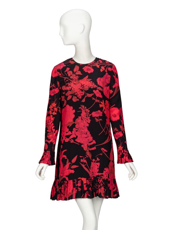 Valentino, Floral-Print Silk Dress: Valentino, Floral-Print Silk Dress Shift dress in black & red floral-print silk crêpe de chine. Round collarless neckline. Full-length sleeves with ruffles at sleeve hems. Ruffle at dres