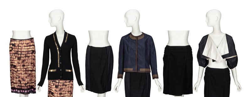 Prada, Six Seperates: Prada, Six Seperates THE FIRST Knee-length straight skirt in multicolor printed silk chiffon with a brown leather waistband. Snap closure & invisible zipper closure at side waist. Unlined.