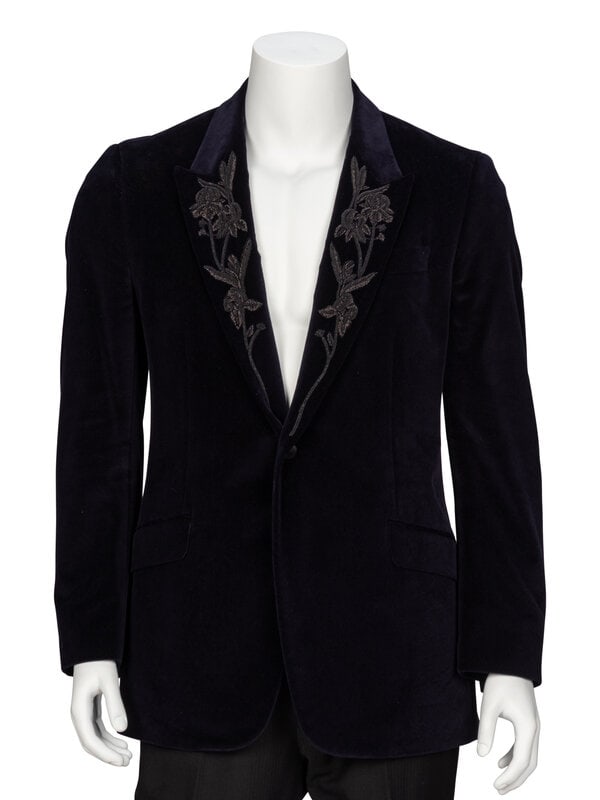 Alexander McQueen, Velvet Embellished Blazer: Alexander McQueen, Velvet Embellished Blazer Tailored blazer jacket in midnight blue cotton velvet with tonal metallic embroidery at lapels. Notched & peaked lapels. Light padding at shoulder