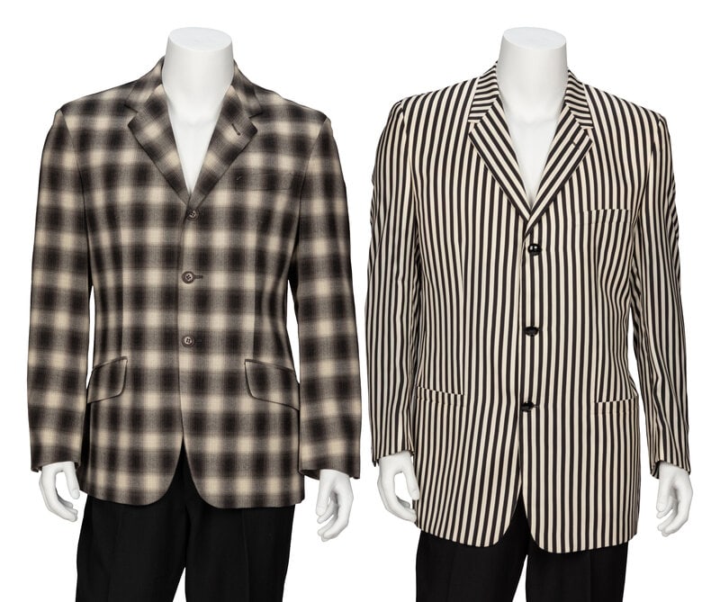 Gaultier & Versace, Two Suit Jackets: Gaultier & Versace, Two Suit Jackets THE FIRST Tailored jacket in black & cream blurred-effect wool plaid. Notched lapels. Padding at shoulders. Full-length set-in sleeves with decorat