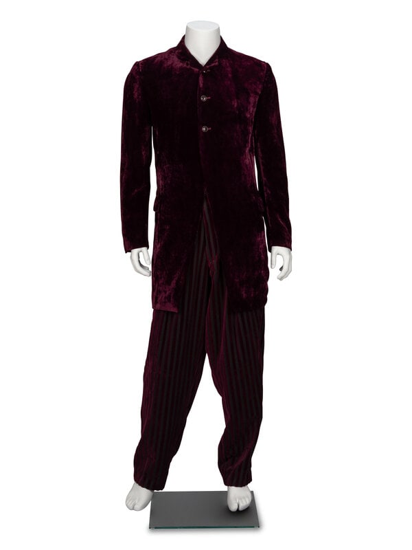 Yohji Yamamoto, Merlot Velvet Cutaway Suit : Yohji Yamamoto, Merlot Velvet Cutaway Suit JACKET Tailored cutaway jacket in merlot rayon crushed velvet. Small rounded collar & notched lapels. Light padding at shoulders. Full-length se