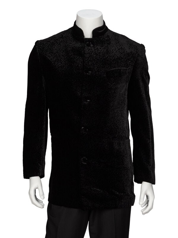 Favourbrook, Black Velvet Tyrolean Jacket: Favourbrook, Black Velvet Tyrolean Jacket Tyrolean-style tailored jacket in black paisley-embossed velvet. Mandarin collar. Light padding at shoulders. Full-length set-in sleeves with decorative