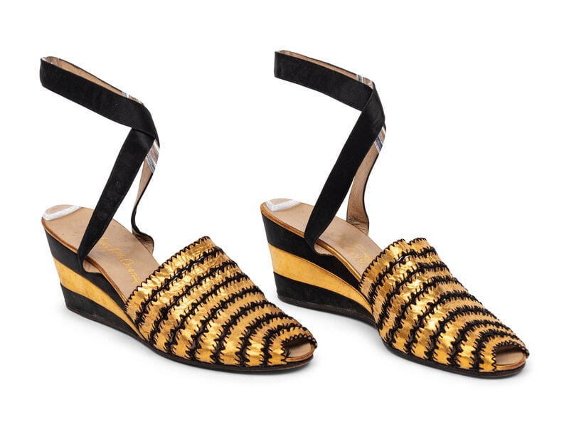 Salvatore Ferragamo, Gold Wedge Evening Sandals, 1940's (1 of 9)