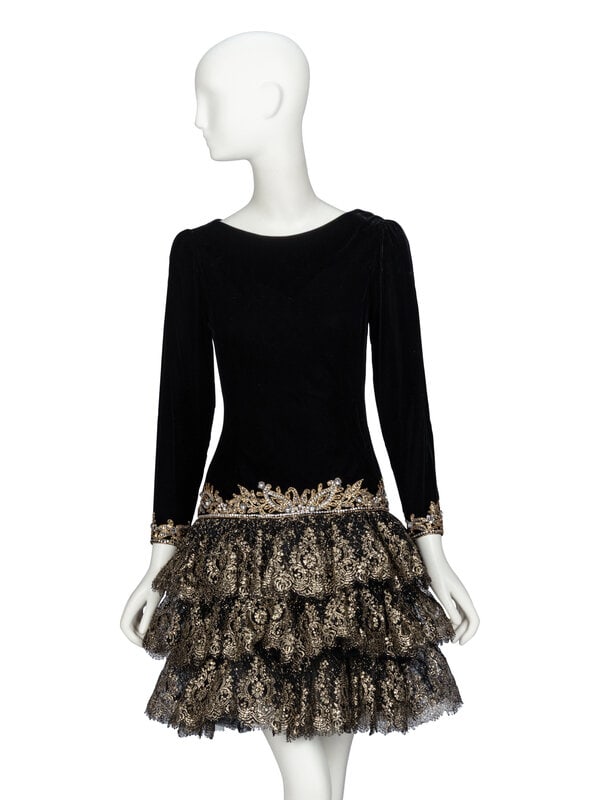 Oscar de la Renta, Velvet & Gold Lace Dress, 1980s Runway Sample  (1 of 4)