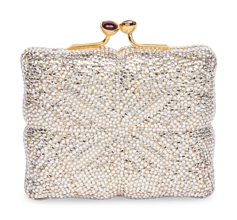Judith Leiber, Crystal-Embellished Minaudière: Judith Leiber, Crystal-Embellished Minaudière Small kiss-lock minaudière in gold-tone metal with crystal embellishments throughout exterior. Features a kiss-lock closure, retractable ch