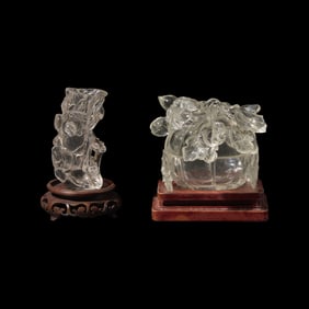 A Small Chinese Rock Crystal 'Bamboo and Peaches' Vase, and a Carved Glass 'Melon' Box and Cover,