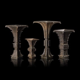 Four Chinese Archaistic Patinated Bronze Vases, Gu, Late Ming to Qing Dynasty 晚明