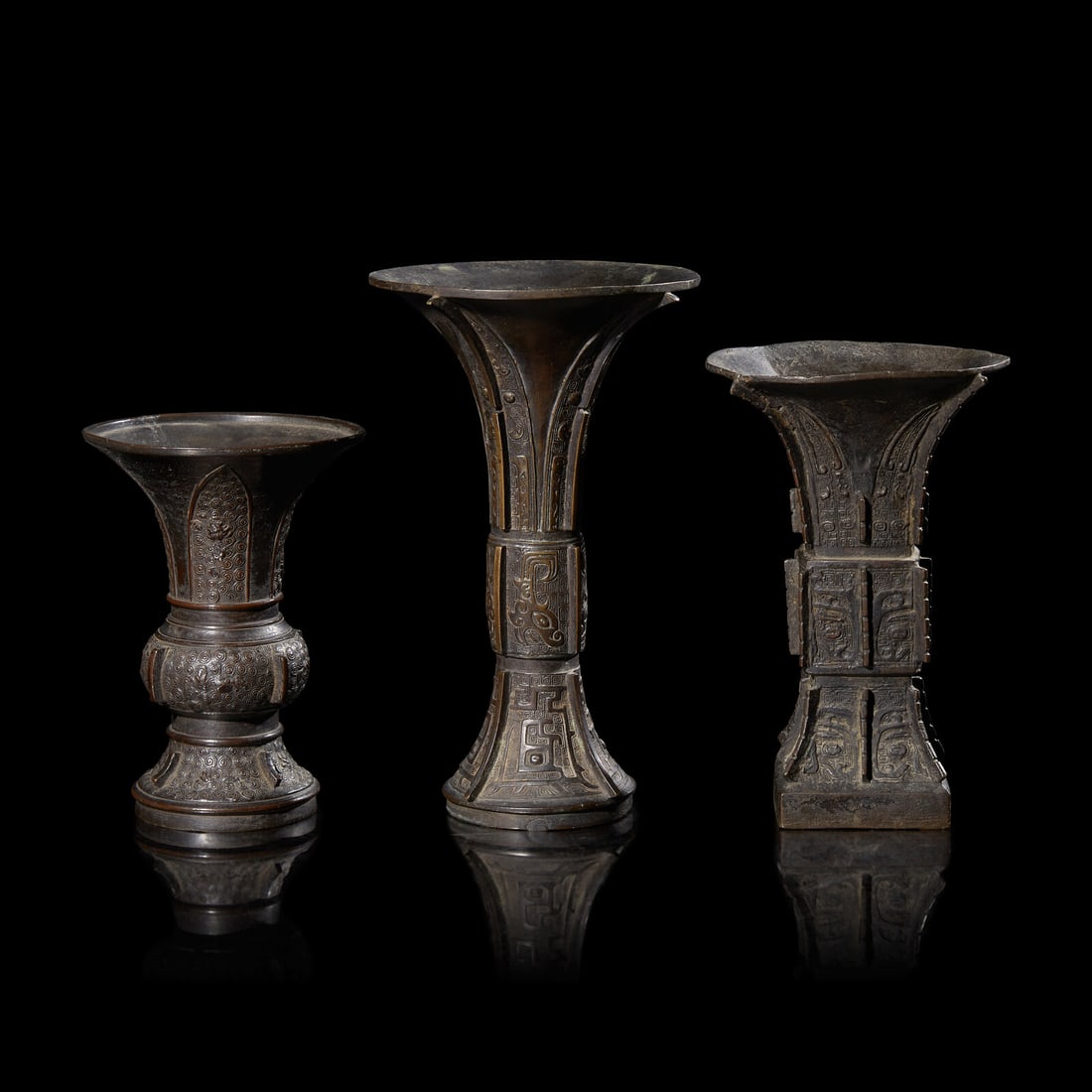 Three Chinese Archaistic Patinated Bronze Vases, Gu, Late Ming to Qing Dynasty 晚明