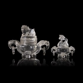 A Small Chinese Rock Crystal Tripod Covered Censer and A Glass Covered Censer, 20th Century 近