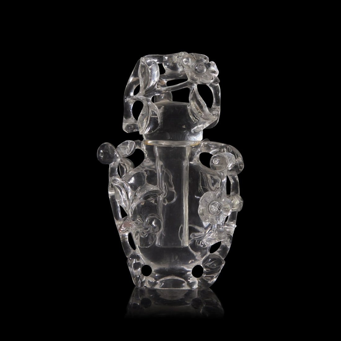 A Small Chinese Carved Rock Crystal 'Prunus and Bird' Covered Vase 雕水晶喜
