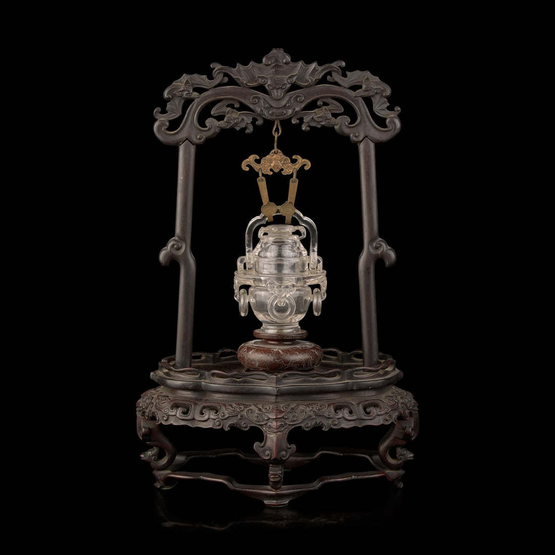 A Small Chinese Carved Rock Crystal Censer and Cover with Associated Carved Wood Stand, Late