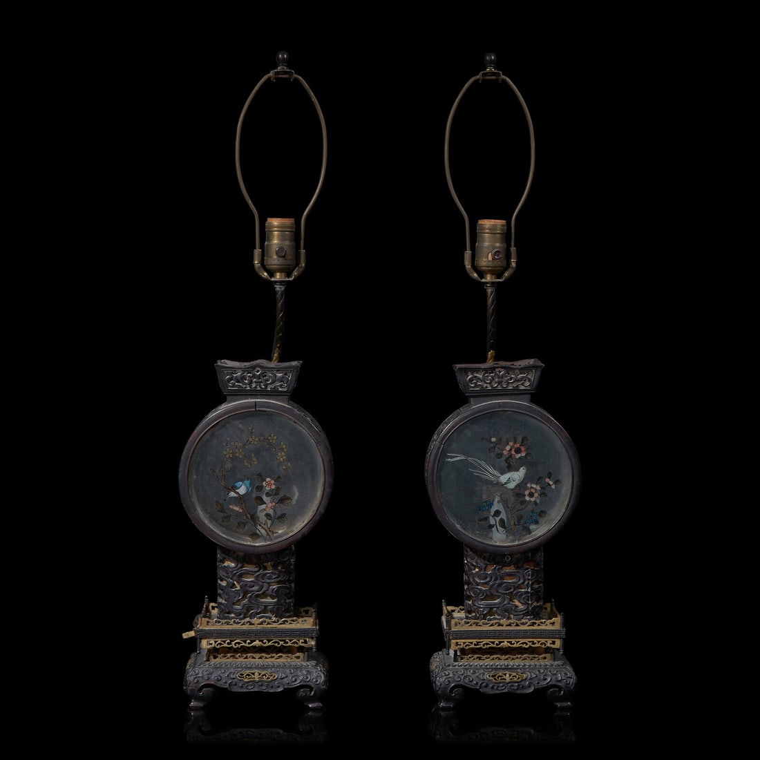 A Pair of Chinese Painted Glass and Carved Wood Lanterns, Mounted as Lamps 硬木嵌: A Pair of Chinese Painted Glass and Carved Wood Lanterns, Mounted as Lamps 硬木嵌彩繪玻璃花鳥圖燈一對 With drum-shaped bod