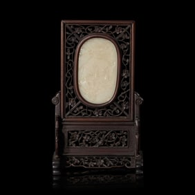 A Small Chinese White Jade Inset Carved Wood Table Screen, Jade: Qing Dynasty 清 硬