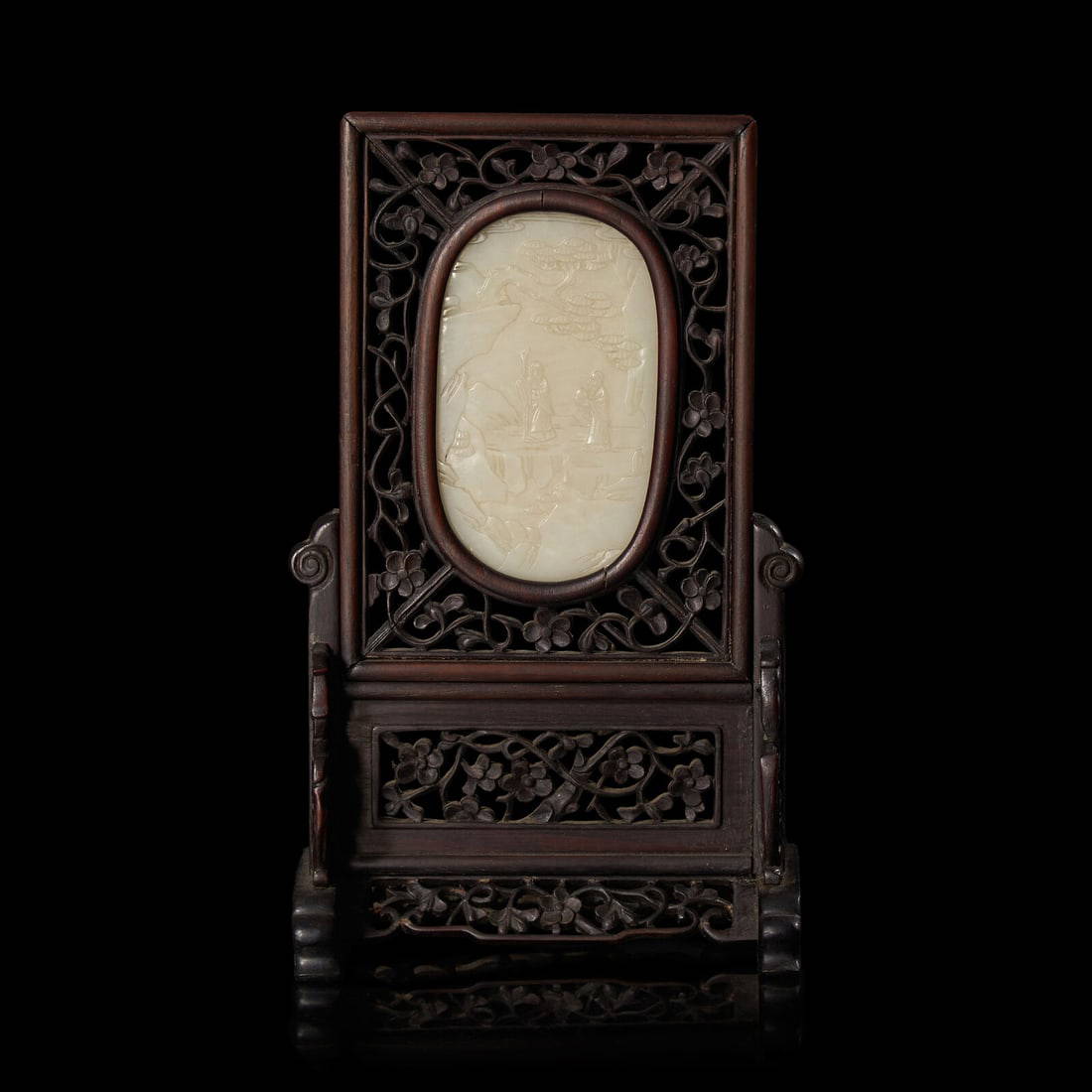 A Small Chinese White Jade Inset Carved Wood Table Screen, Jade: Qing Dynasty 清 硬