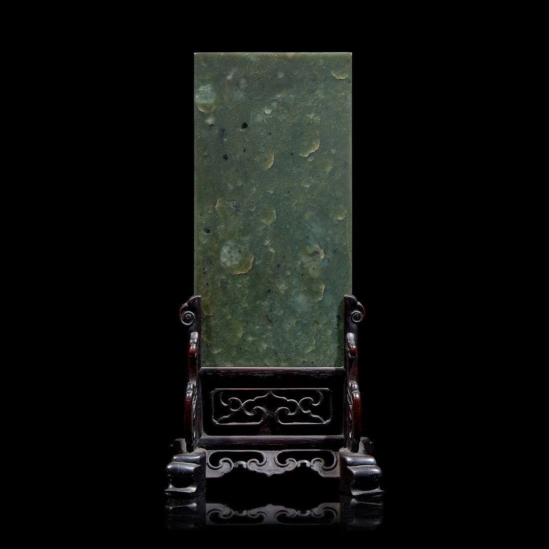 A Small Chinese Spinach Jade and Carved Wood Table Screen, Late Qing Dynasty/Republic Period 晚