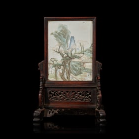 A Chinese Enameled Porcelain 'Landscape' and Carved Wood Table Screen, 19th Century 晚清