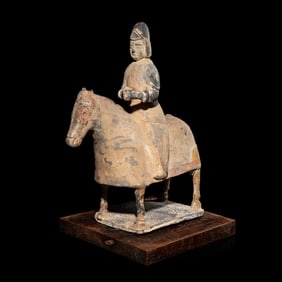 A Chinese Pottery Horse with Rider, Northern Wei Dynasty 北魏 灰陶騎