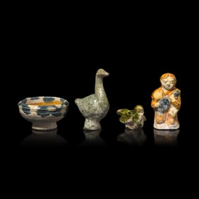 Four Chinese Glazed Pottery Miniatures, Tang Dynasty 唐三彩 袖珍