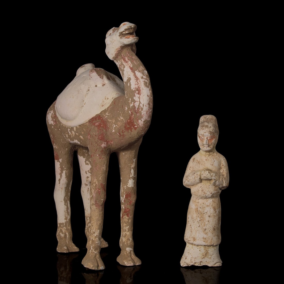 A Chinese Painted Pottery Figure of a Camel and A Pottery Figure of an Attendant, Tang Dynasty (1 of 5)