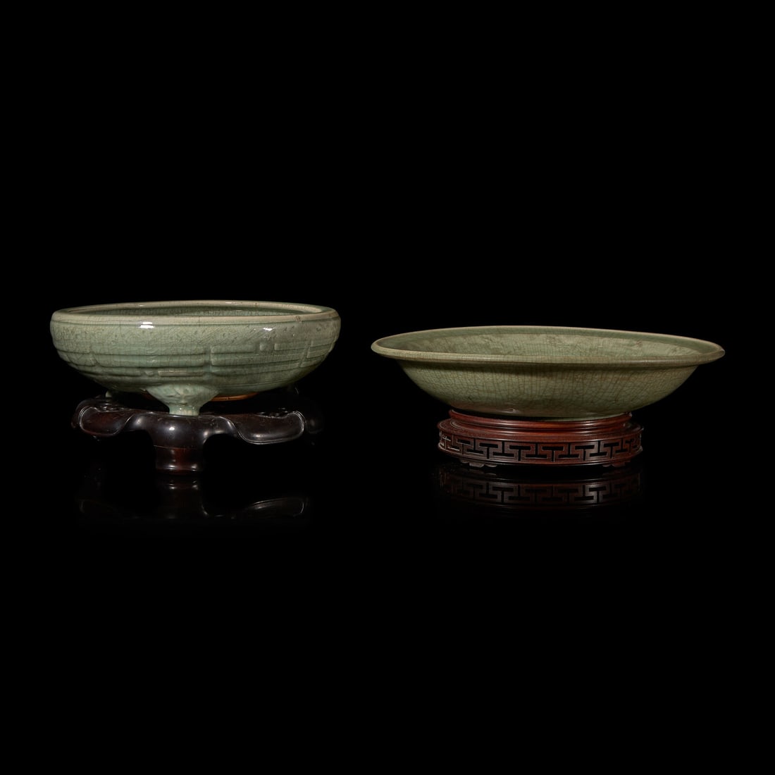 Two Large Chinese Longquan Celadon Crackled Glazed Porcelain Wares, Ming Dynasty or Later 明