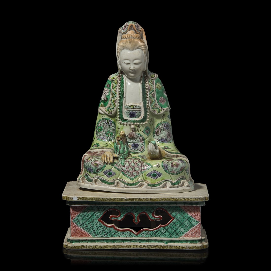 A Chinese Enameled Biscuit Figure of Guanyin Seated, with Associated Stand, Qing Dynasty 清 (1 of 4)