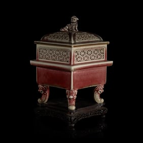 A Chinese Copper-Red Glazed Censer and Cover, Wood Stand  鏤空釉裡紅