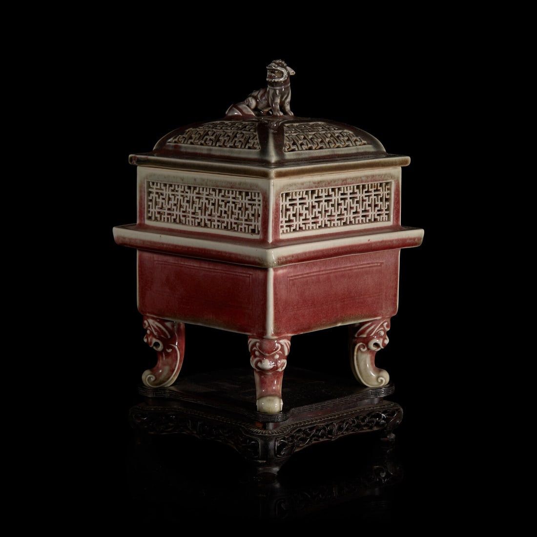 A Chinese Copper-Red Glazed Censer and Cover, Wood Stand 鏤空釉裡紅