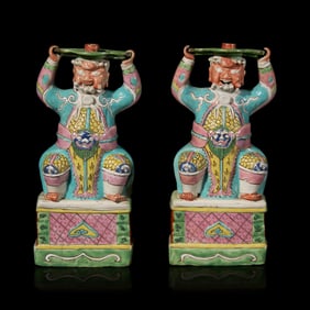 A Pair of Chinese Export Famille Rose "Foreign Warriors" Candle Holders, Qianlong-Jiaqing Period