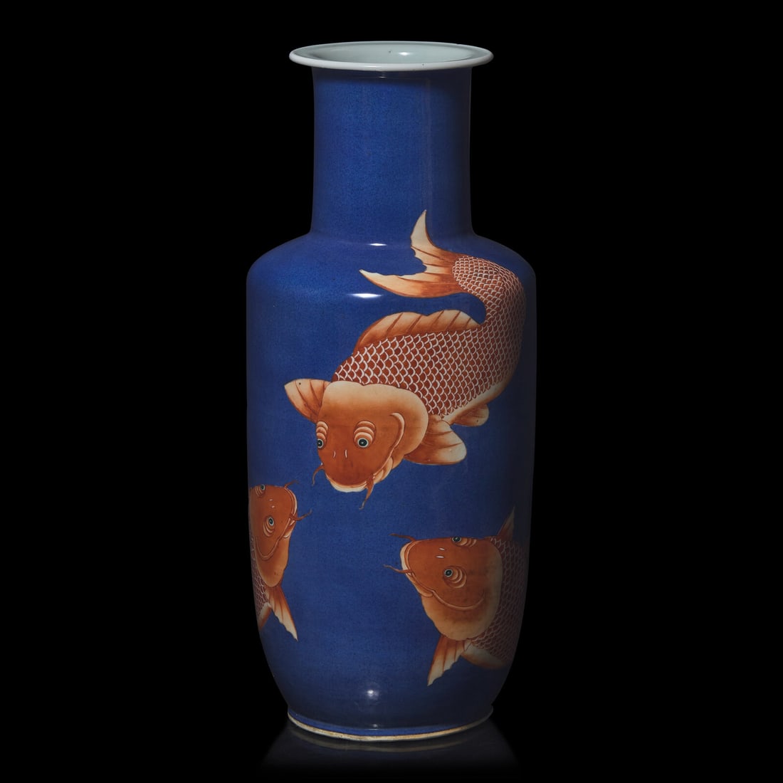 A Chinese Powder Blue Ground Iron Red Decorated\"Carp\" Rouleau Vase 灑藍地礬