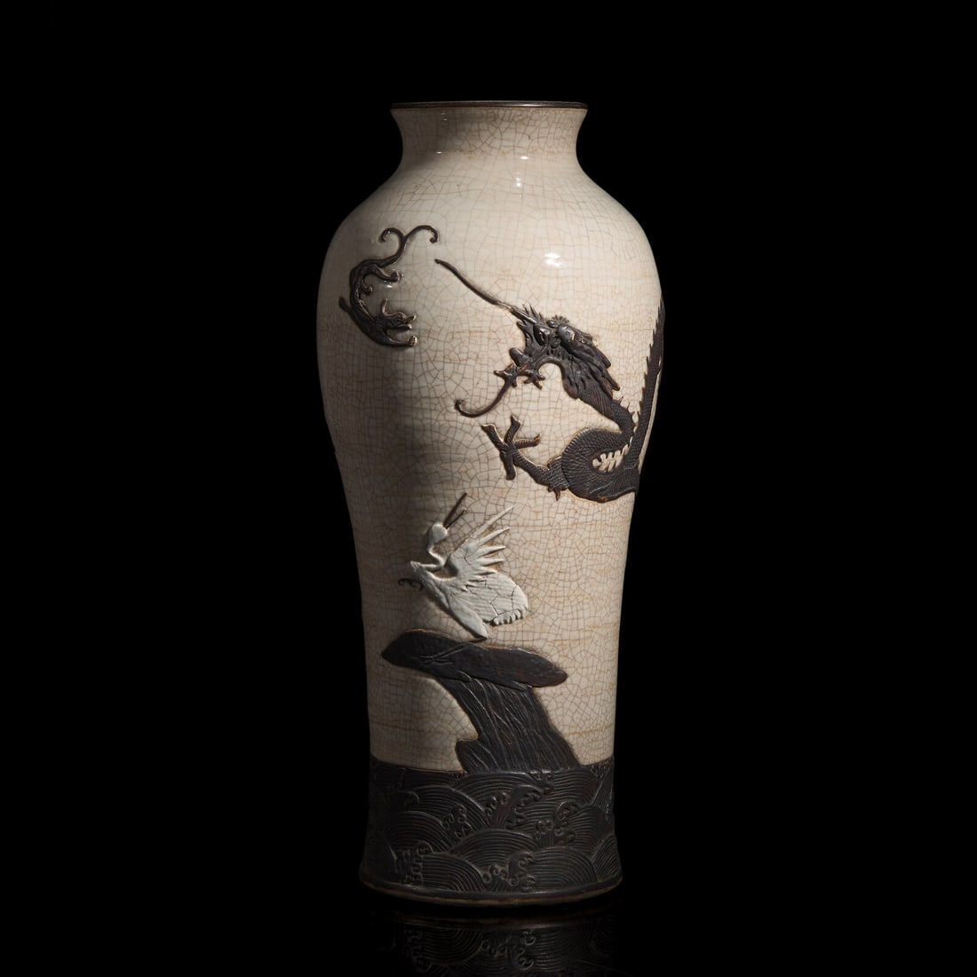 A Large Chinese Crackle Glazed Iron-Decorated 'Dragon and Crane' Vase, Late 19th Century 晚