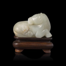 A Small Chinese Greyish-White Jade Figure of a Horse 袖珍灰白玉&#38613