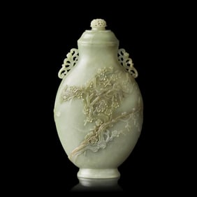 A Chinese Greyish Celadon Jade Vase and Cover 青玉浮雕梅雀