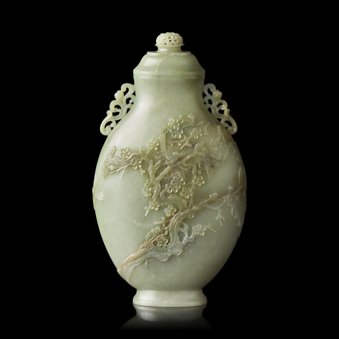 A Chinese Greyish Celadon Jade Vase and Cover 青玉浮雕梅雀