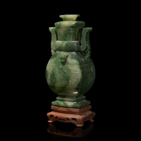 A Chinese Spinach Jade Archaistic Vase and Cover 碧玉雕饕餮紋