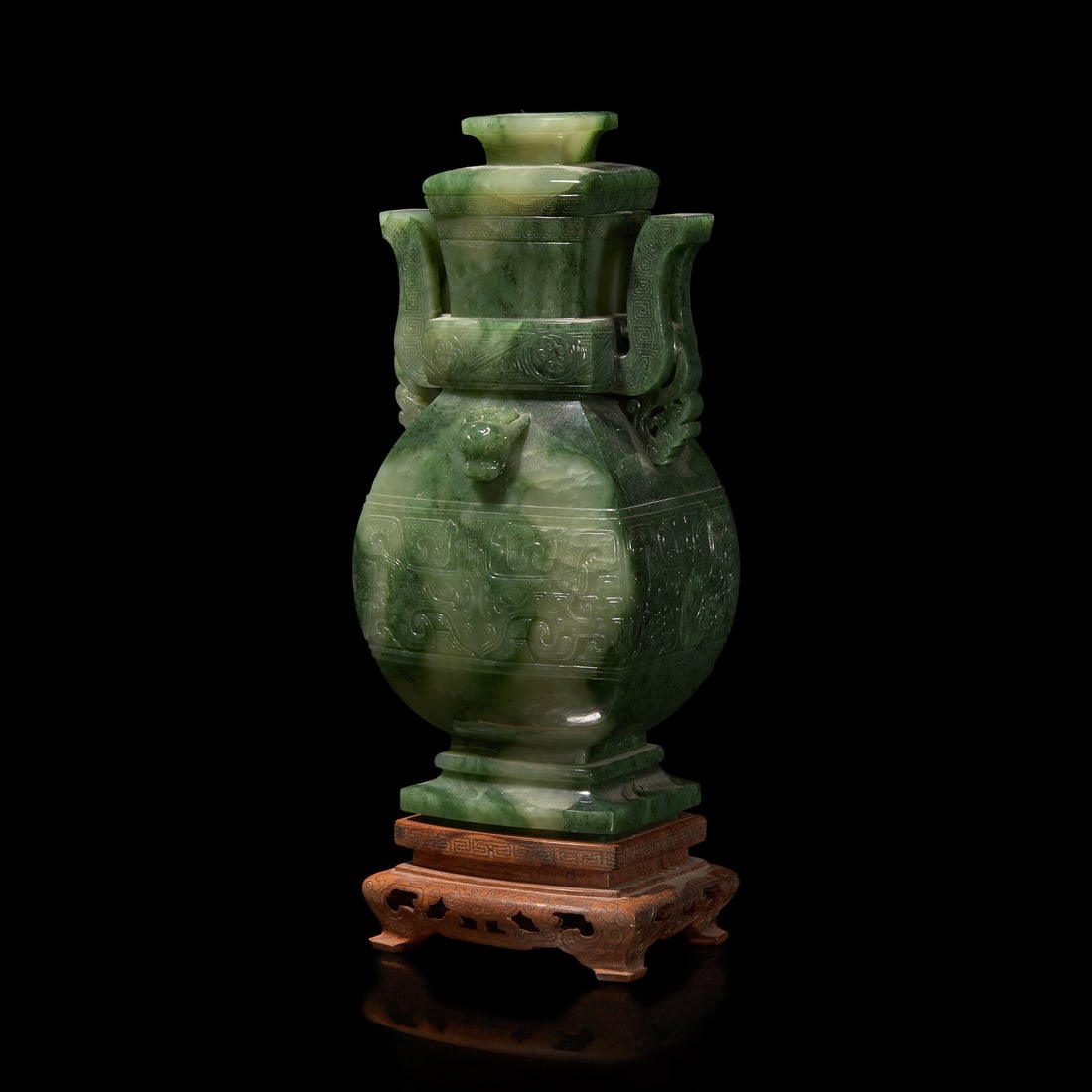 A Chinese Spinach Jade Archaistic Vase and Cover 碧玉雕饕餮紋