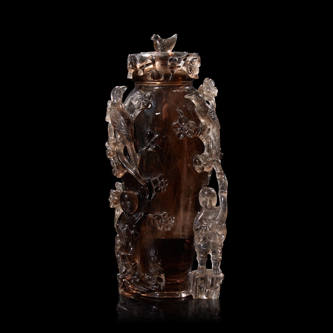 A Chinese Carved Smoky Quartz Vase and Cover 煙晶石鏤雕蓋瓶