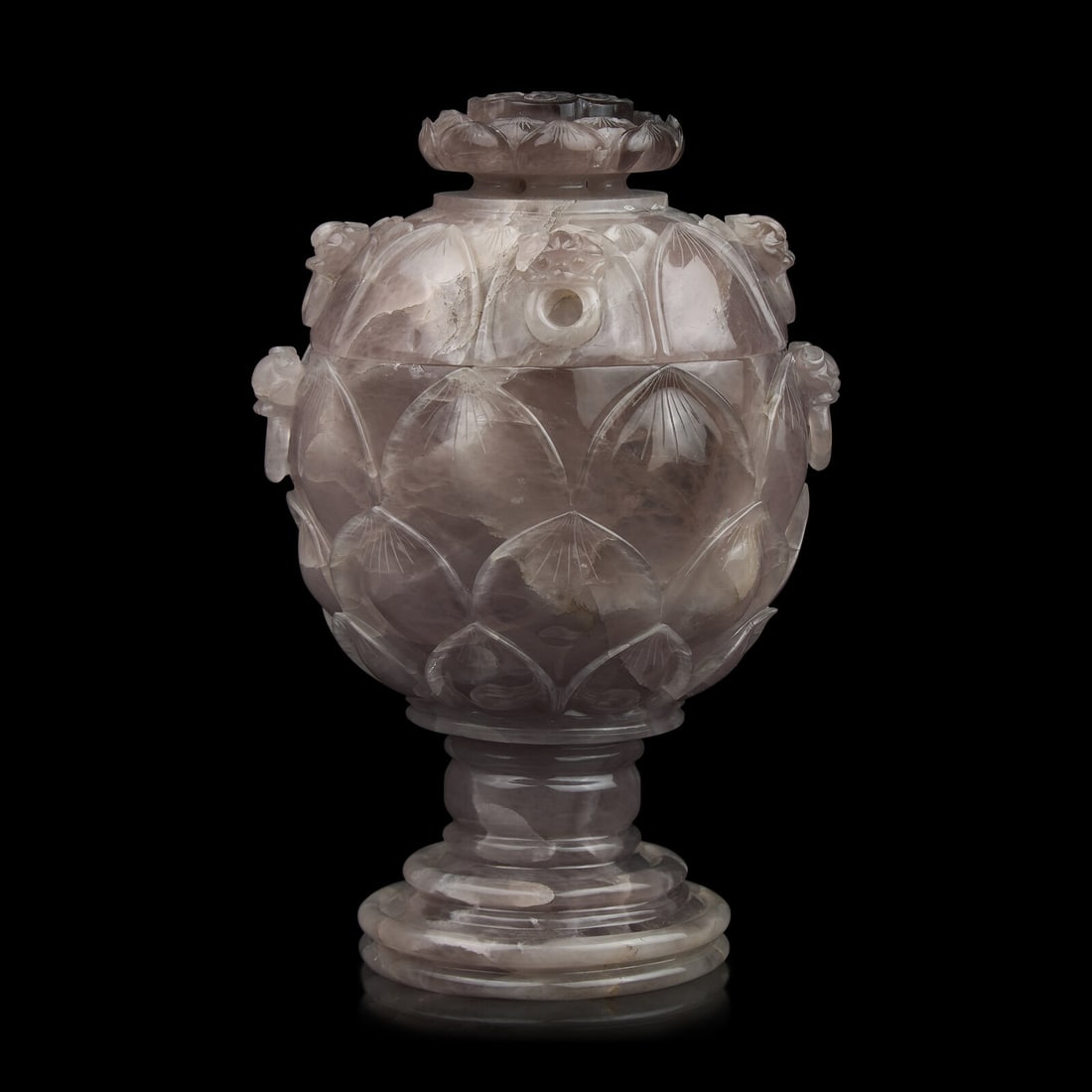 A Large Chinese Carved Amethystine Quartz "Lotus" Footed Vessel and Cover (1 of 3)
