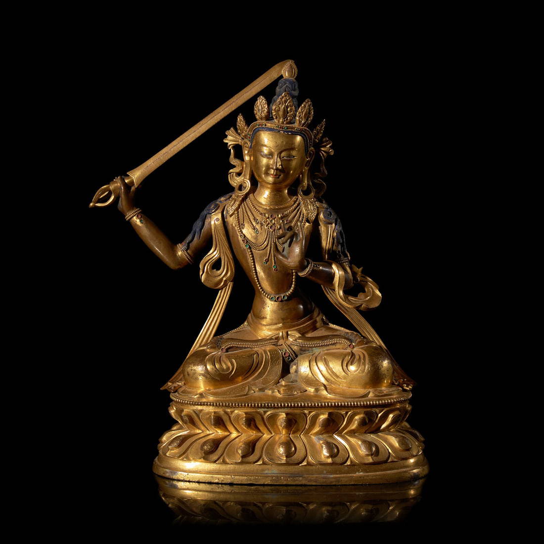 A Sino-Tibetan Gilt Bronze Figure of the Bodhisattva Manjusri 銅鎏金文