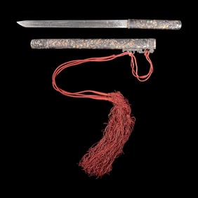A Sino-Tibetan or Mongolian Embellished Silver Knife and Scabbard 藏漢或蒙