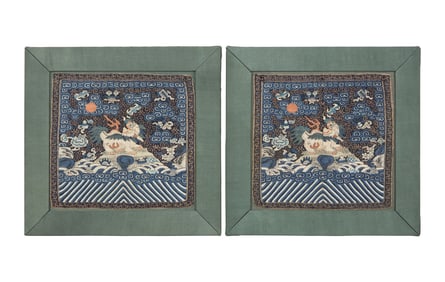A Pair of Chinese Kesi Tapestry Xiezhi Censor's Rank Badges, Buzi, Qing Dynasty, Mid 19th Century