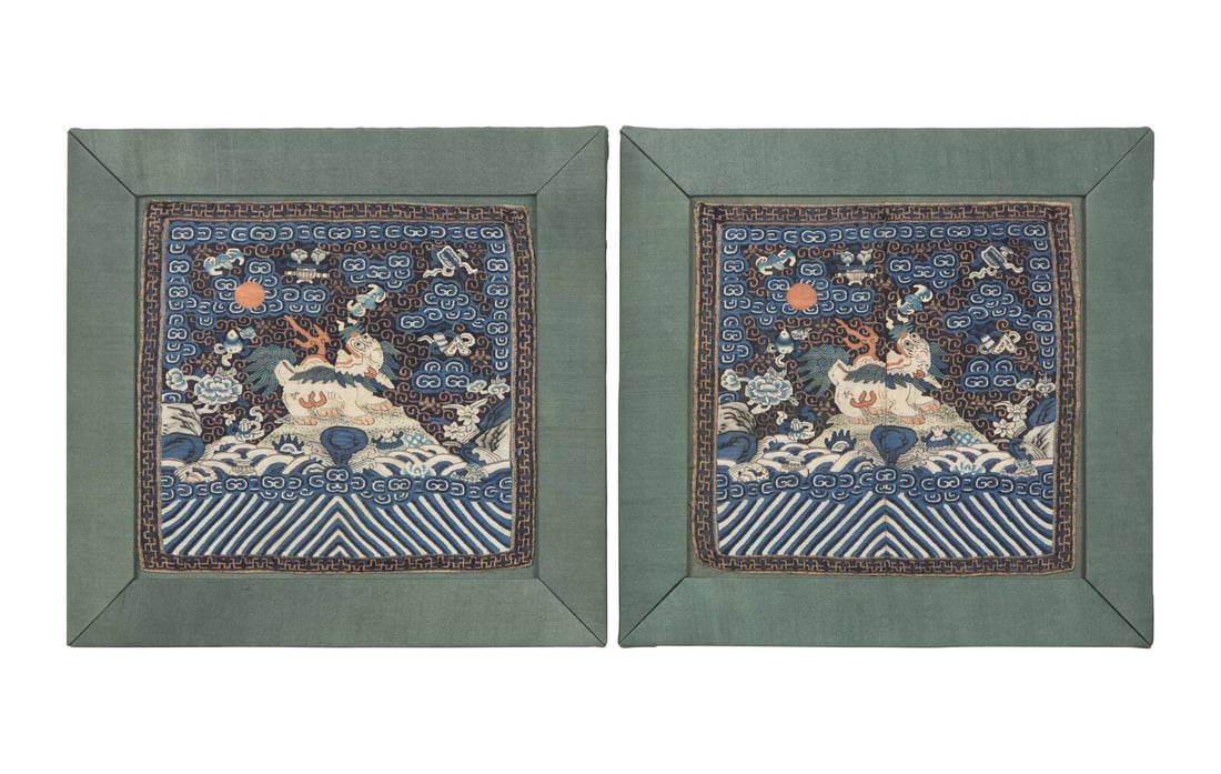 A Pair of Chinese Kesi Tapestry Xiezhi Censor's Rank Badges, Buzi, Qing Dynasty, Mid 19th Century
