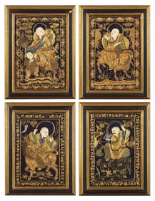 A Set of Four Chinese "Luohan" Needlework Panels, Guangxu Period 清光緒 金