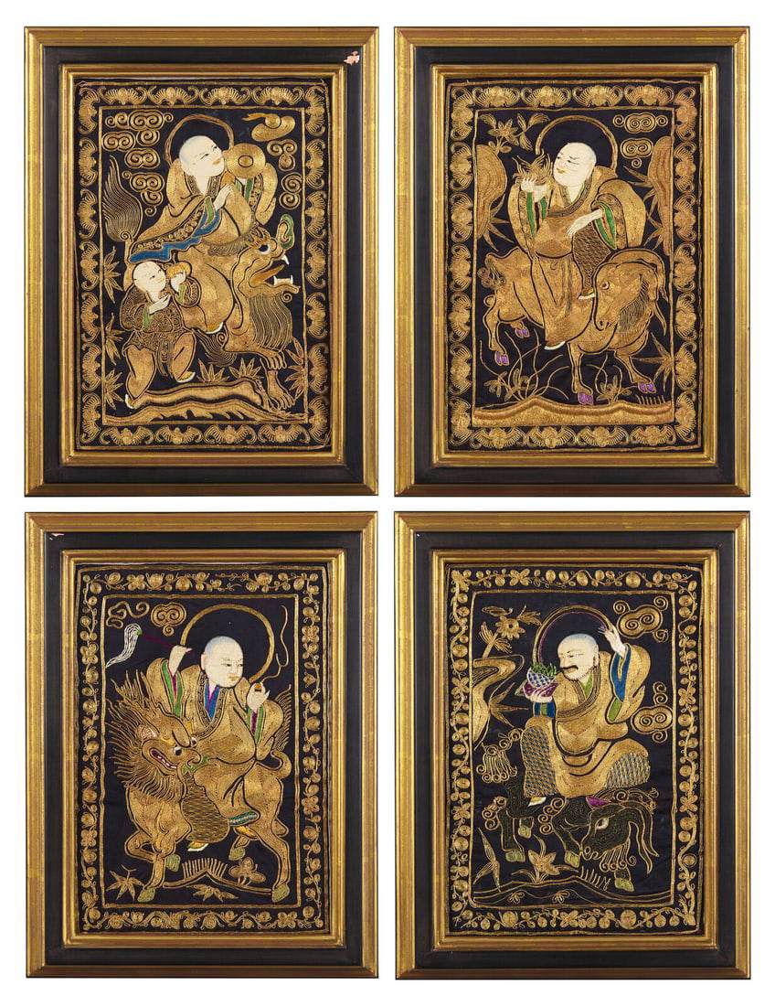 A Set of Four Chinese \"Luohan\" Needlework Panels, Guangxu Period 清光緒 金