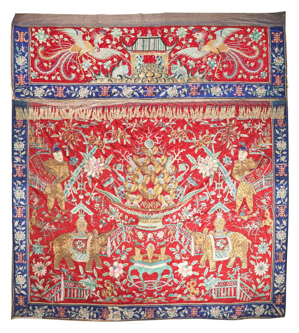 A Massive Chinese Red Ground Embroidered Silk Wall Panel, Early 20th Century 晚清