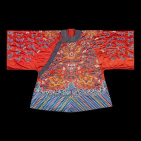 A Chinese Red Ground Embroidered Silk Dragon Robe, Late 19th-20th Century 晚清-民