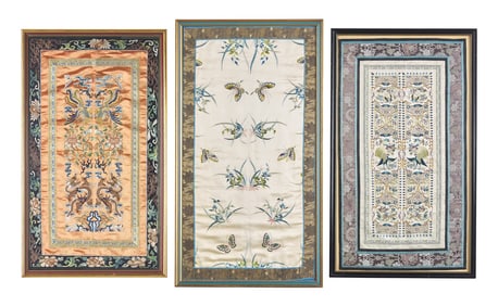 Three Chinese Embroidered Silk Panels, Late Qing/Republic Period 晚清/民國