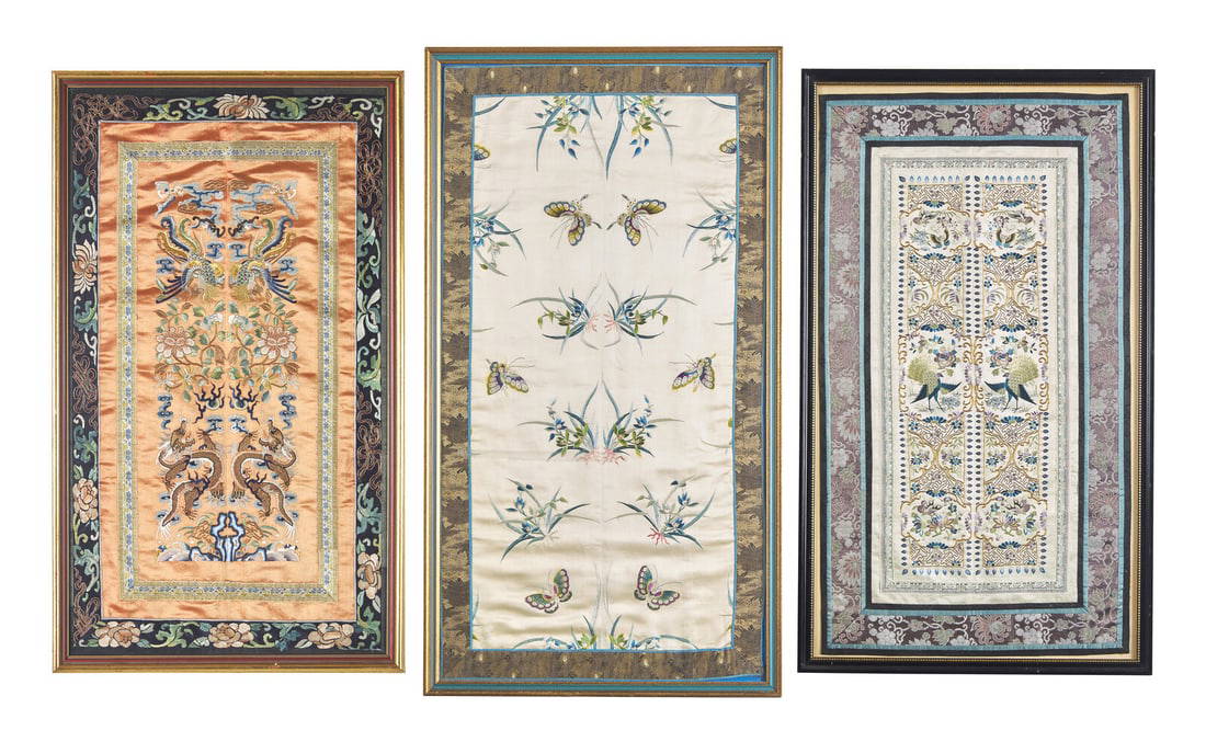 Three Chinese Embroidered Silk Panels, Late Qing/Republic Period 晚清/民國